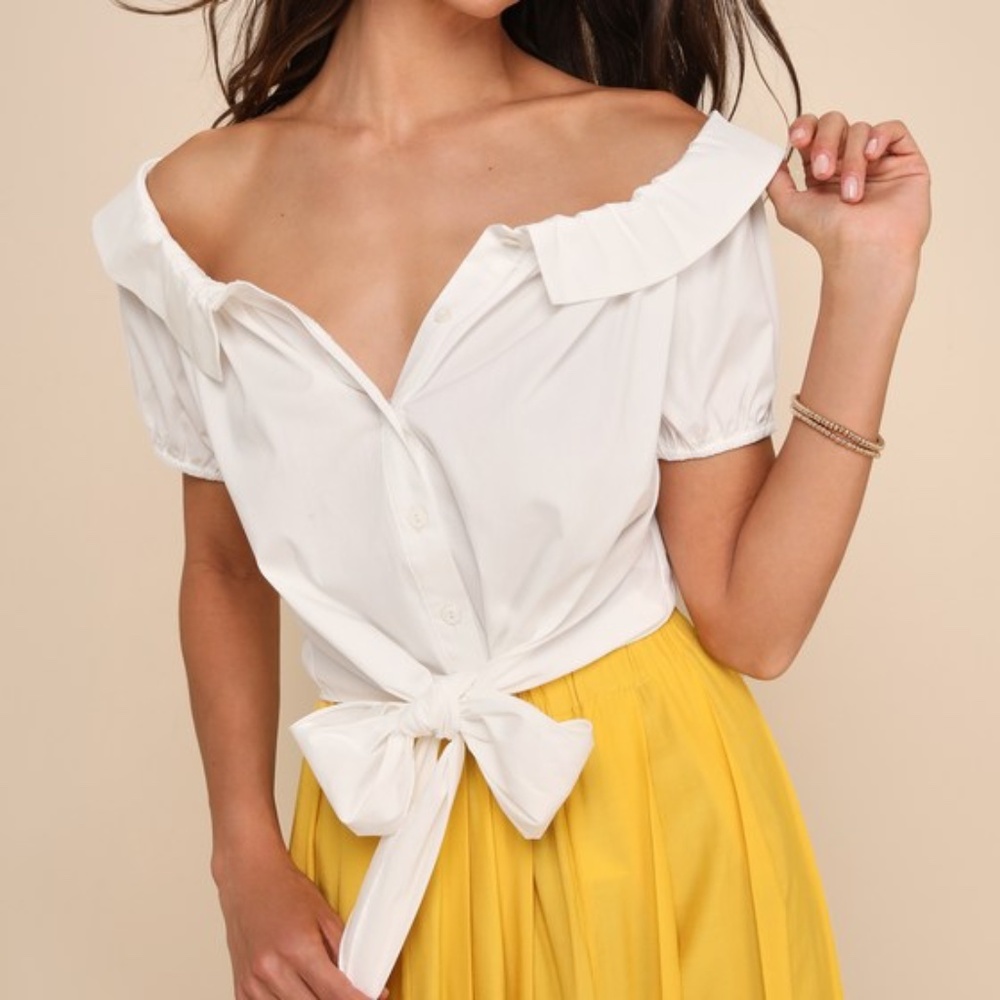 Lulus Pleasantly Perfect Ivory Off-the-shoulder Collared Tie-front Top White
